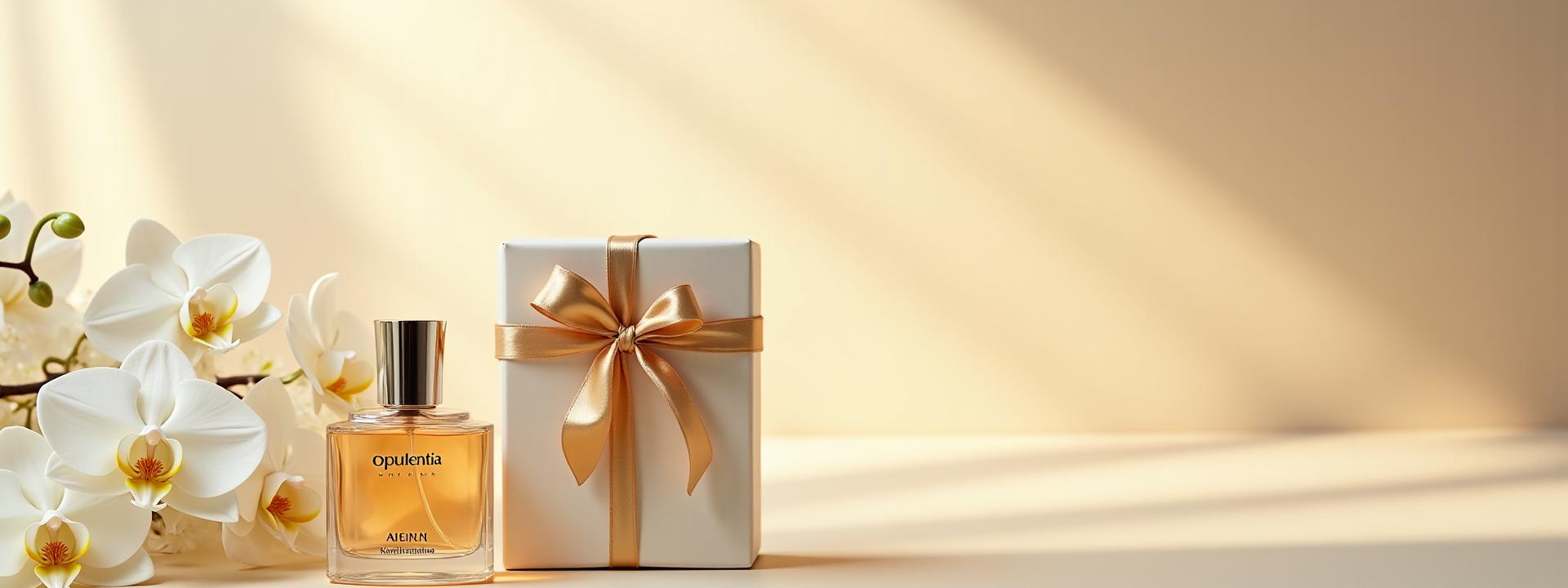 Eine elegant verpackte Geschenkbox von Opulentia mit einem Parfümflakon und Blumen, symbolisiert stilvolles Schenken