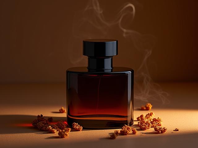 Flasche des Duftes 'Oud Desire', umgeben von rauchigen Holznoten.