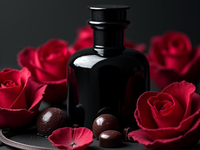 Dunkle, geheimnisvolle Flasche des Duftes 'Rose Noir', elegant arrangiert.