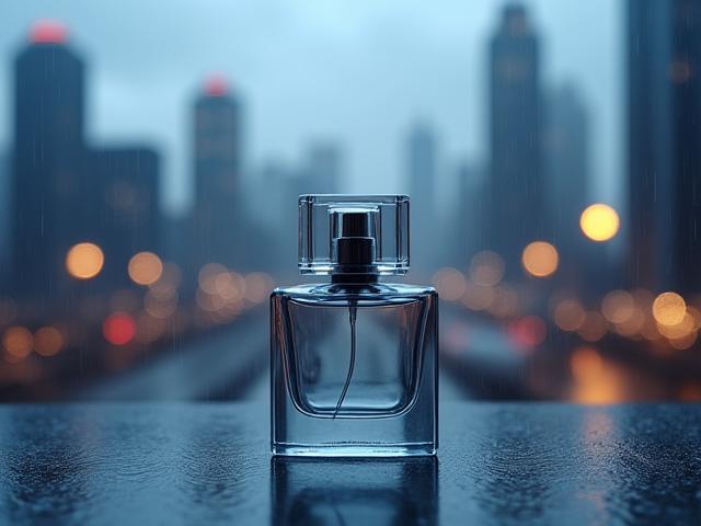 Flasche des Duftes 'Urban Whispers', vor einem abstrakten Stadtpanorama.