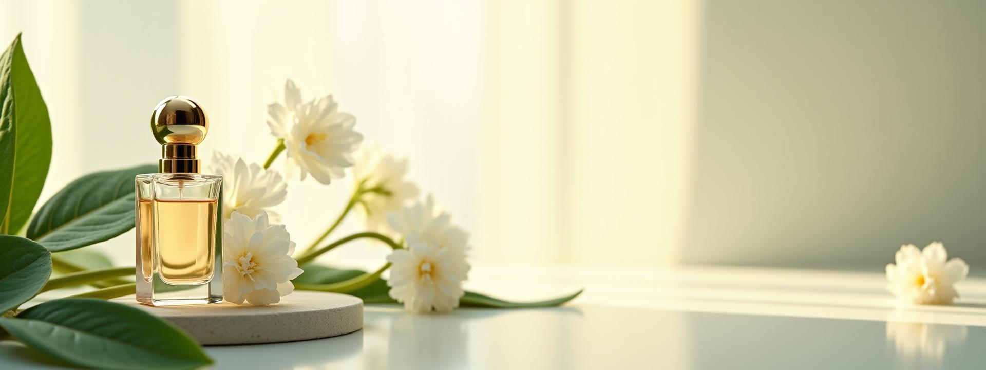 Blumen, Blätter und ein elegantes Parfümflakon, was nachhaltige und ethische Düfte symbolisiert.